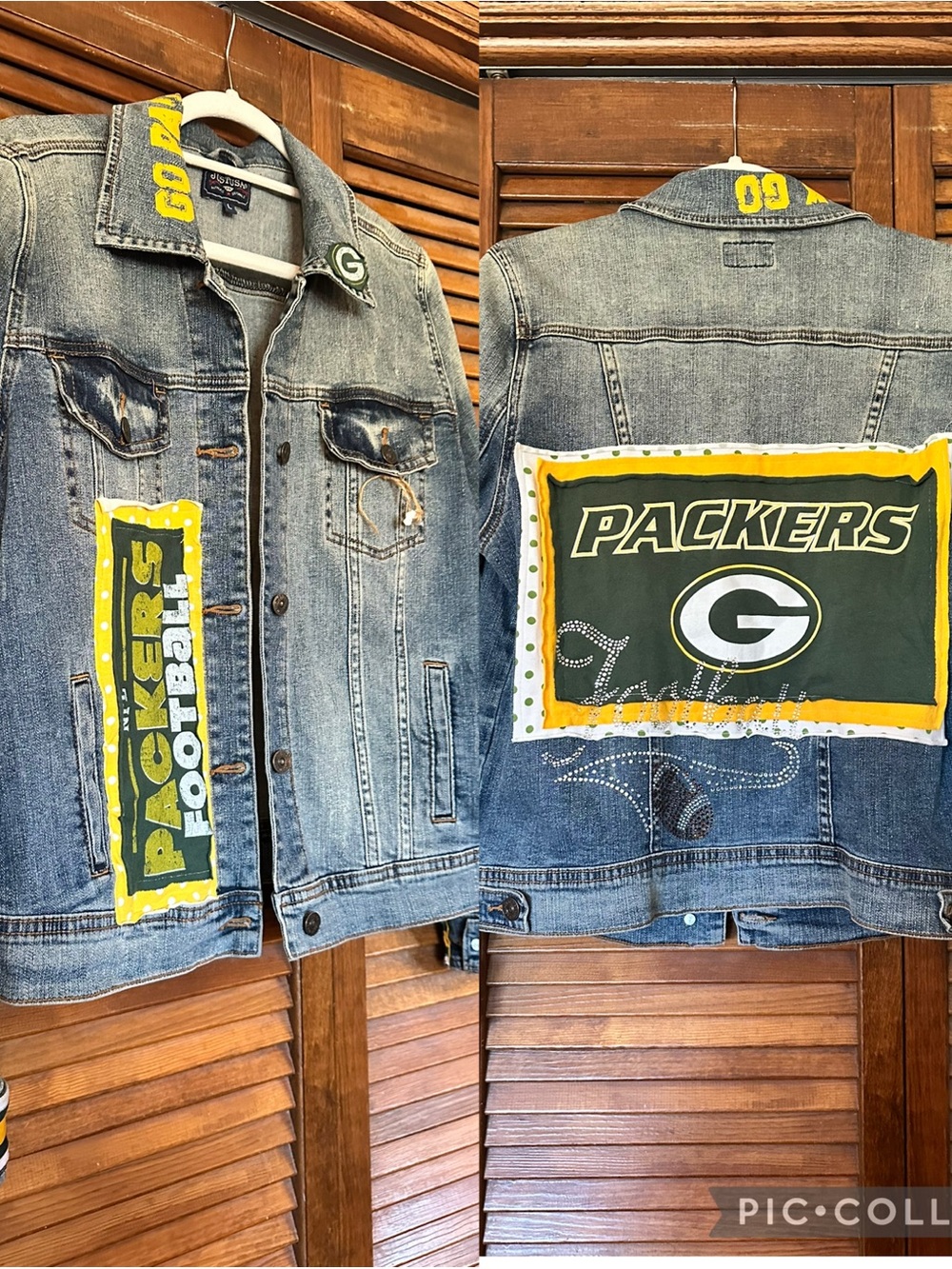Green Bay Packers Football Team Upcycled Distressed Denim Jacket size large